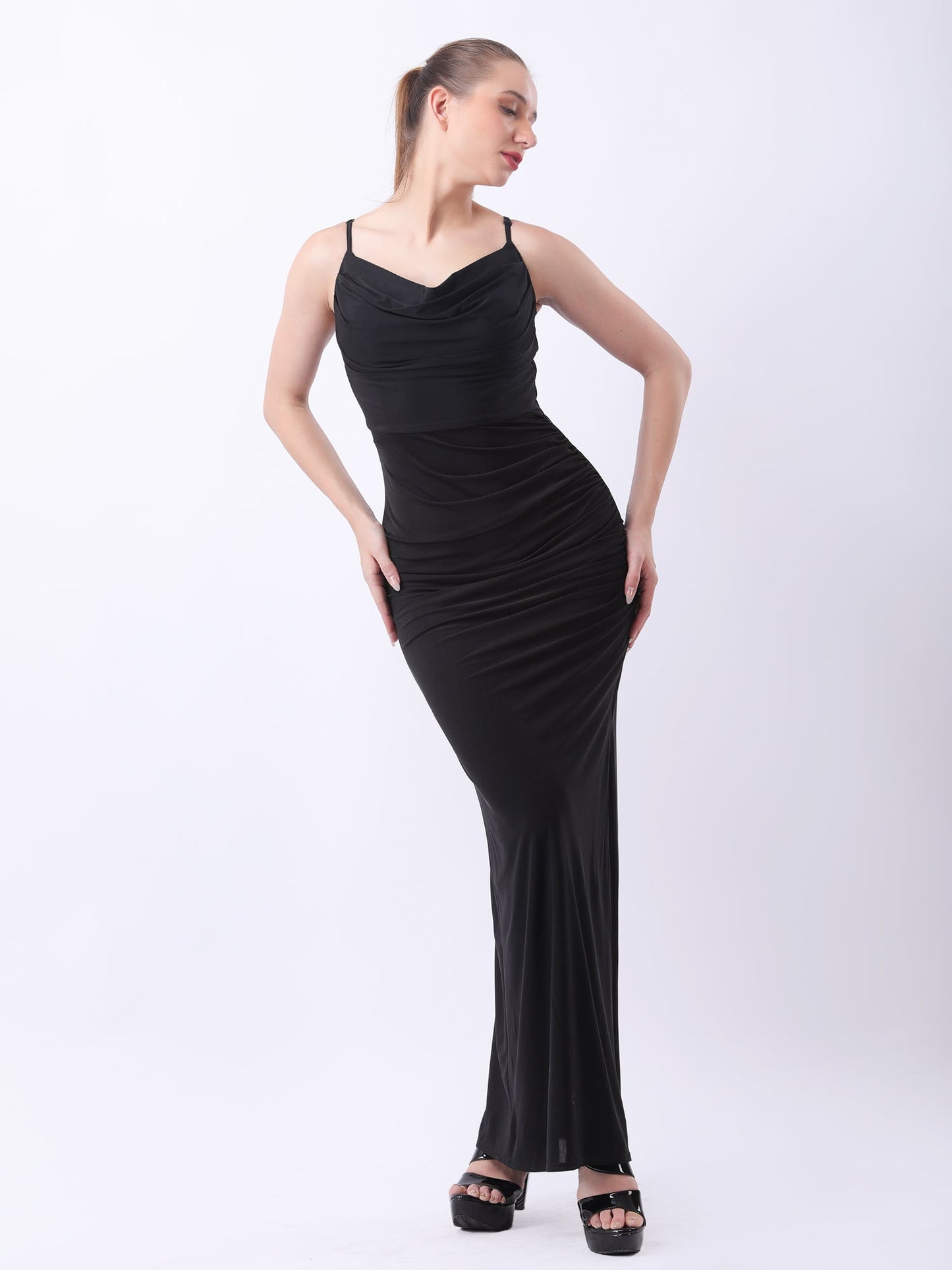 Gaiia Cowl Neck Ruched Maxi Gown - Black