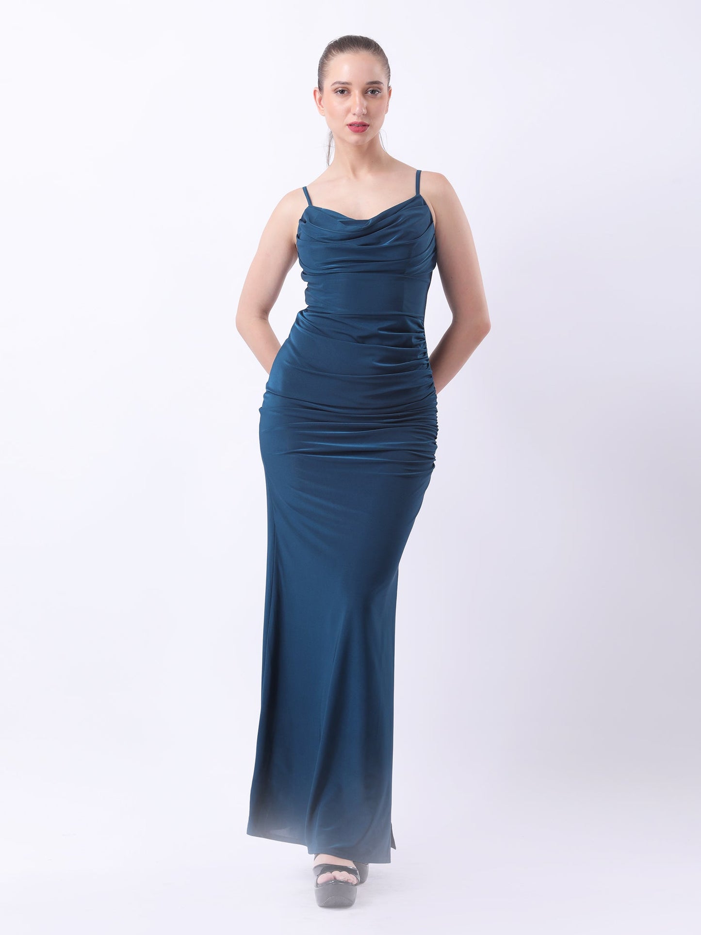 Gaiia Cowl Neck Ruched Maxi Gown - Teal