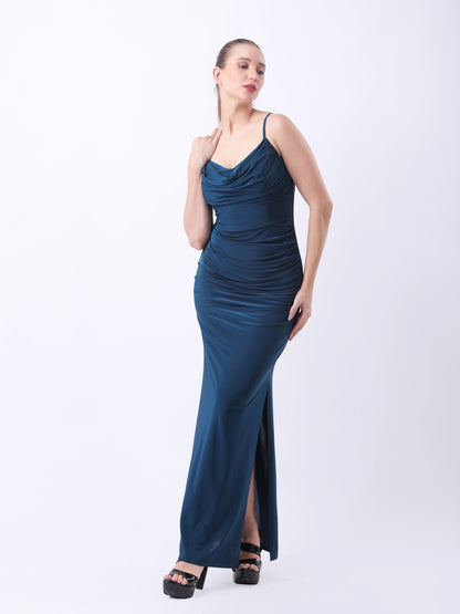 Gaiia Cowl Neck Ruched Maxi Gown - Teal