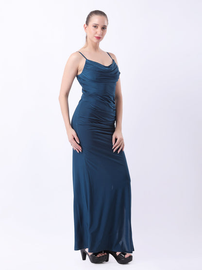 Gaiia Cowl Neck Ruched Maxi Gown - Teal