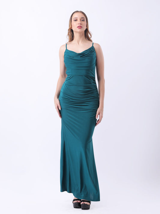 Gaiia Cowl Neck Ruched Maxi Gown - Turquoise