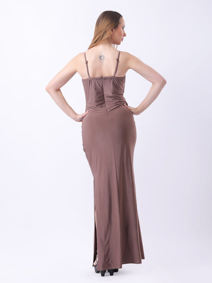Gaiia Cowl Neck Ruched Maxi Gown - Camel