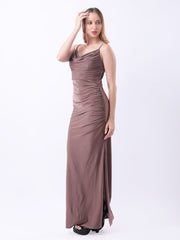 Gaiia Cowl Neck Ruched Maxi Gown - Camel