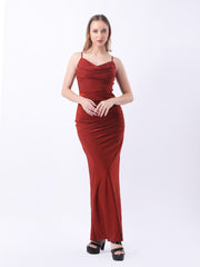 Gaiia Cowl Neck Ruched Maxi Gown - Rust