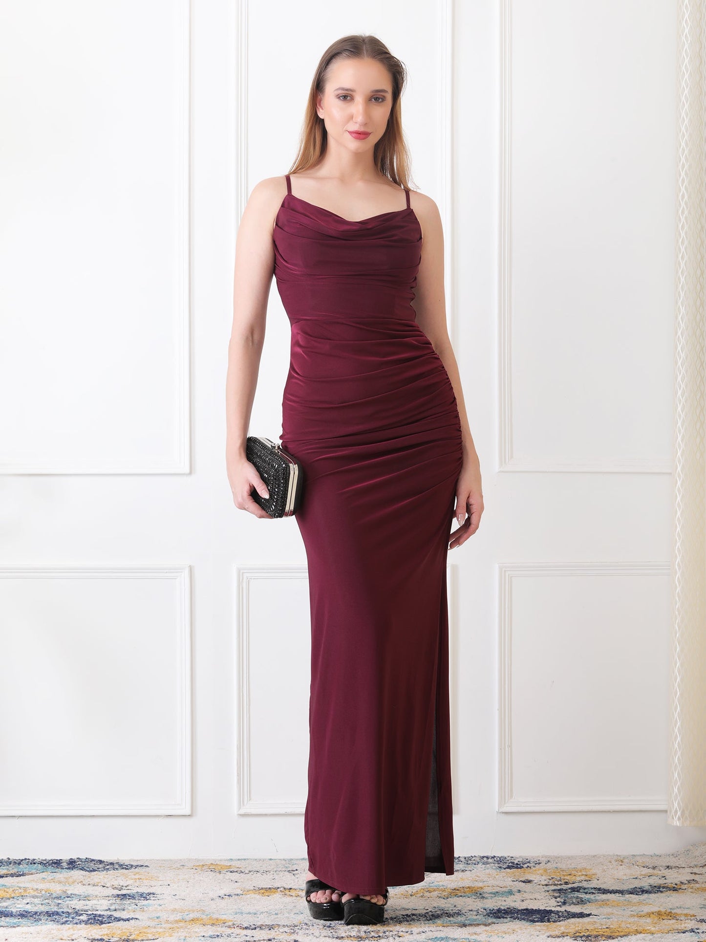 Gaiia Cowl Neck Ruched Maxi Gown - Wine