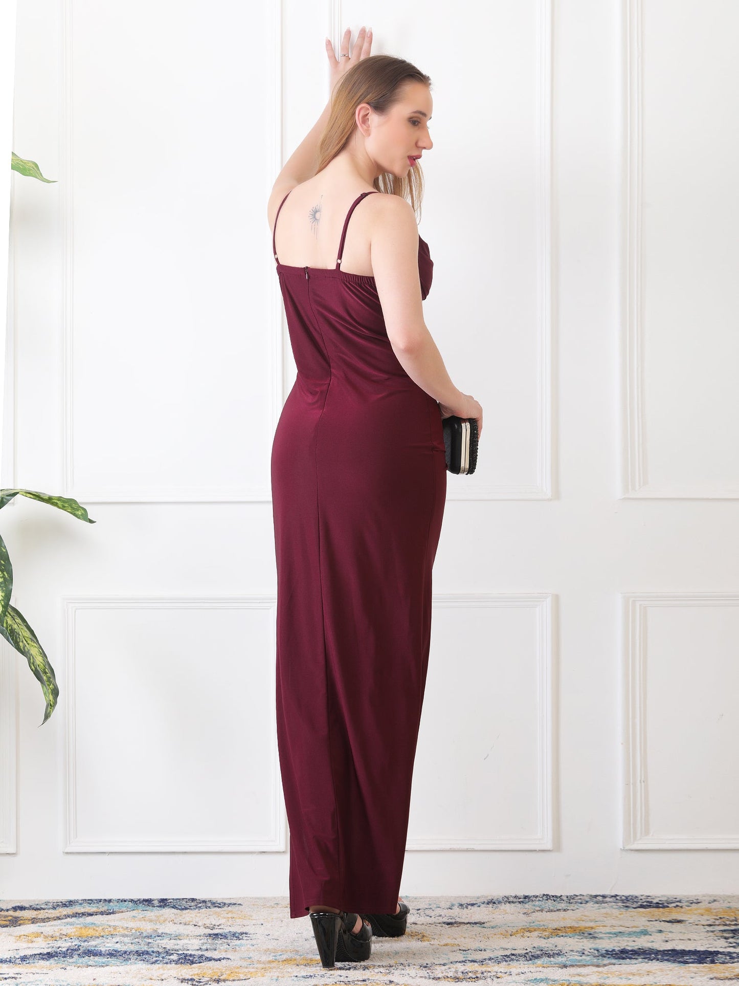 Gaiia Cowl Neck Ruched Maxi Gown - Wine