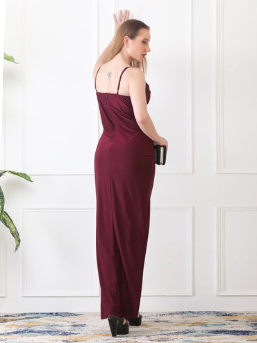 Gaiia Cowl Neck Ruched Maxi Gown - Wine