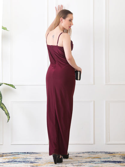 Gaiia Cowl Neck Ruched Maxi Gown - Wine