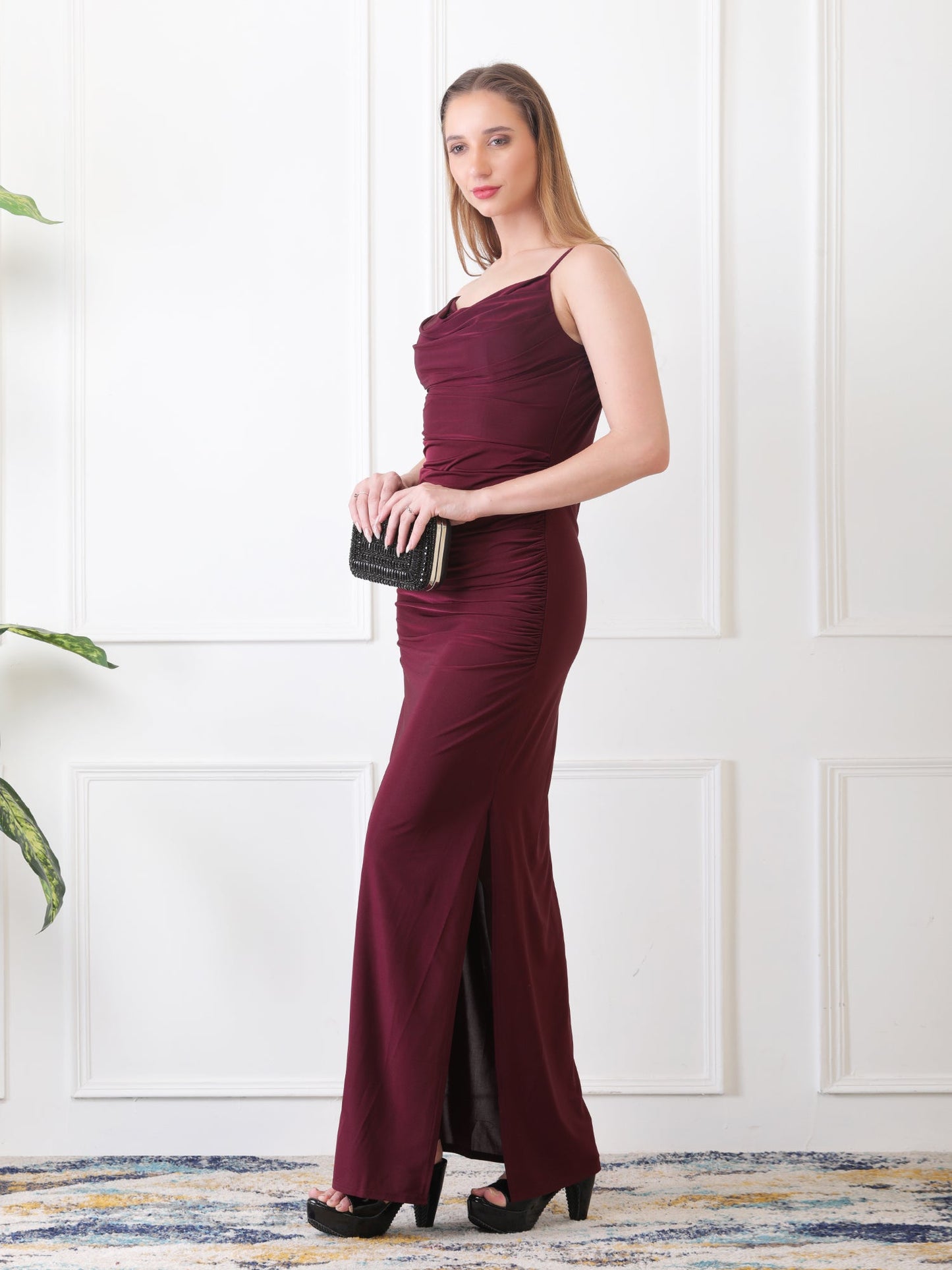 Gaiia Cowl Neck Ruched Maxi Gown - Wine