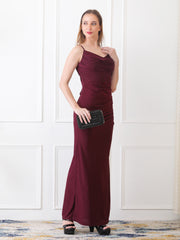 Gaiia Cowl Neck Ruched Maxi Gown - Wine