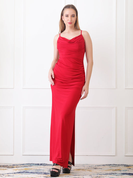 Gaiia Cowl Neck Ruched Maxi Gown - Red