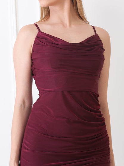 Gaiia Cowl Neck Ruched Sheath Dress - Wine