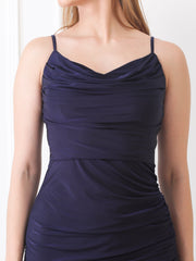 Gaiia Cowl Neck Ruched Sheath Dress - Navy