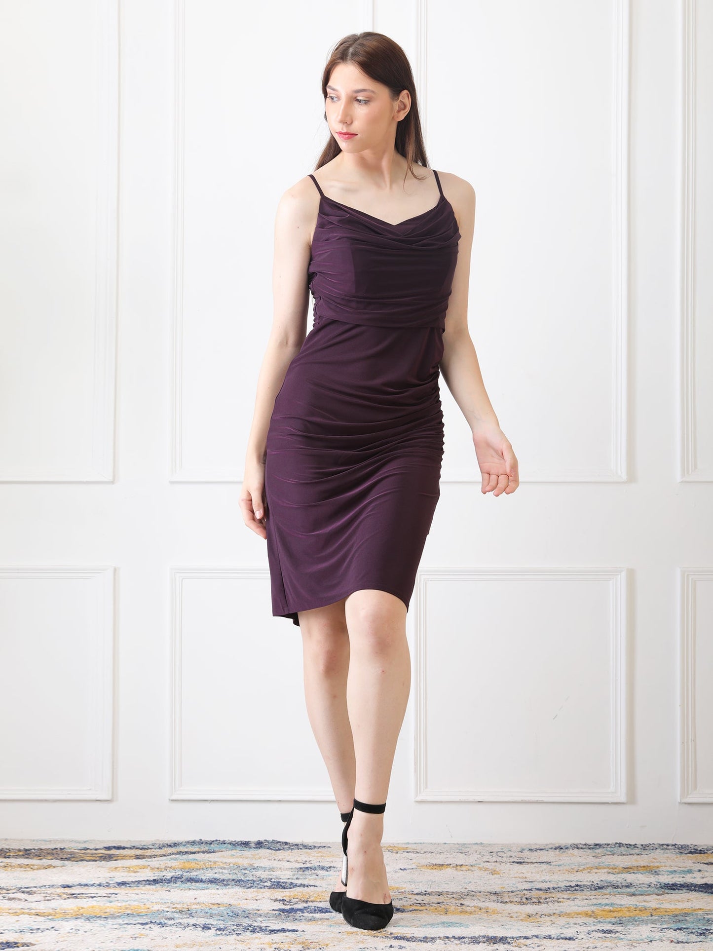 Gaiia Cowl Neck Ruched Sheath Dress - Voilet