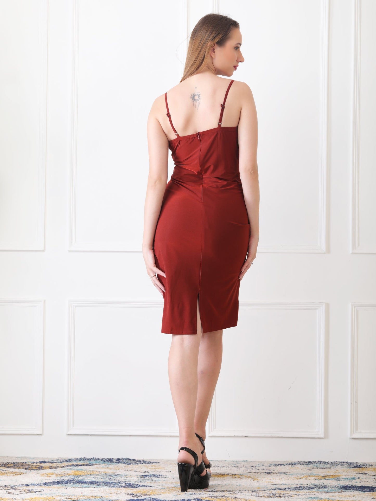 Gaiia Cowl Neck Ruched Sheath Dress - Rust