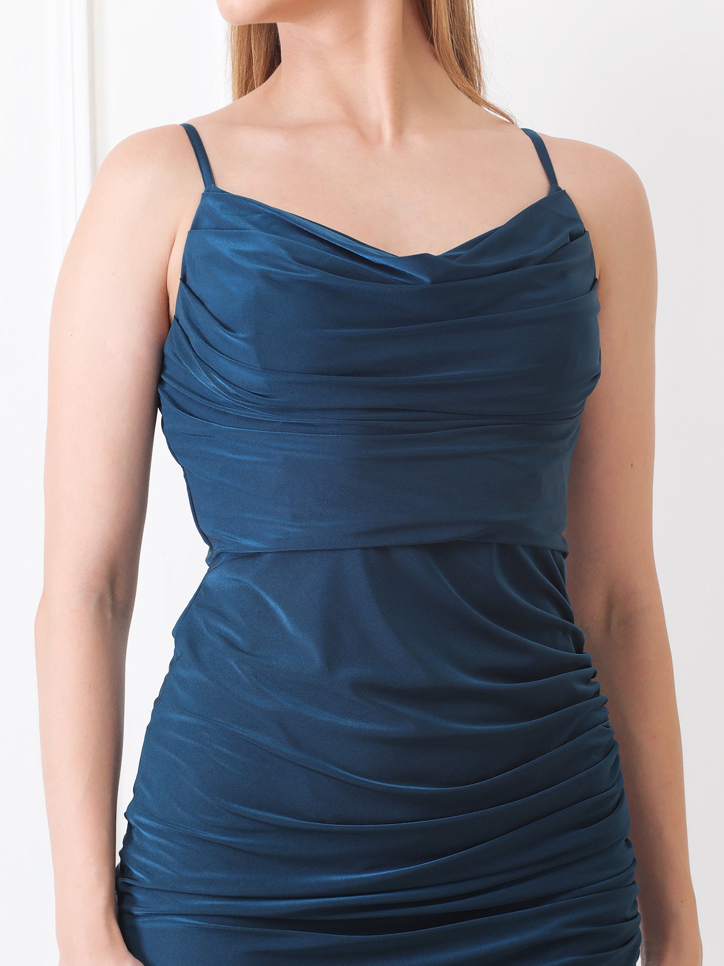 Gaiia Cowl Neck Ruched Sheath Dress - Teal