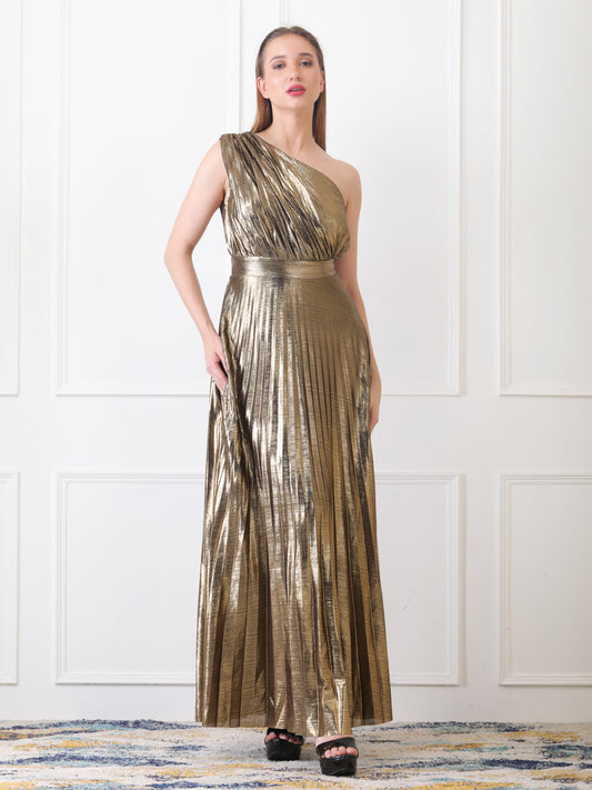 Golden Metallic Pleated Dress