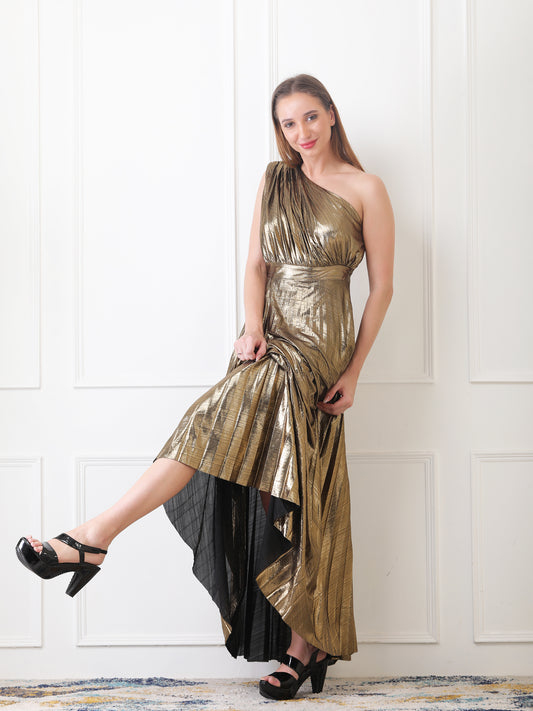 Golden Metallic Pleated Dress