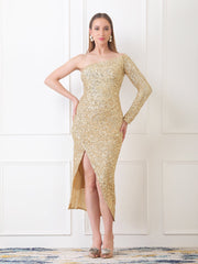 Gaiia One-Shoulder Asymmetrical Sequin Dress - Golden
