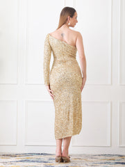 Gaiia One-Shoulder Asymmetrical Sequin Dress - Golden