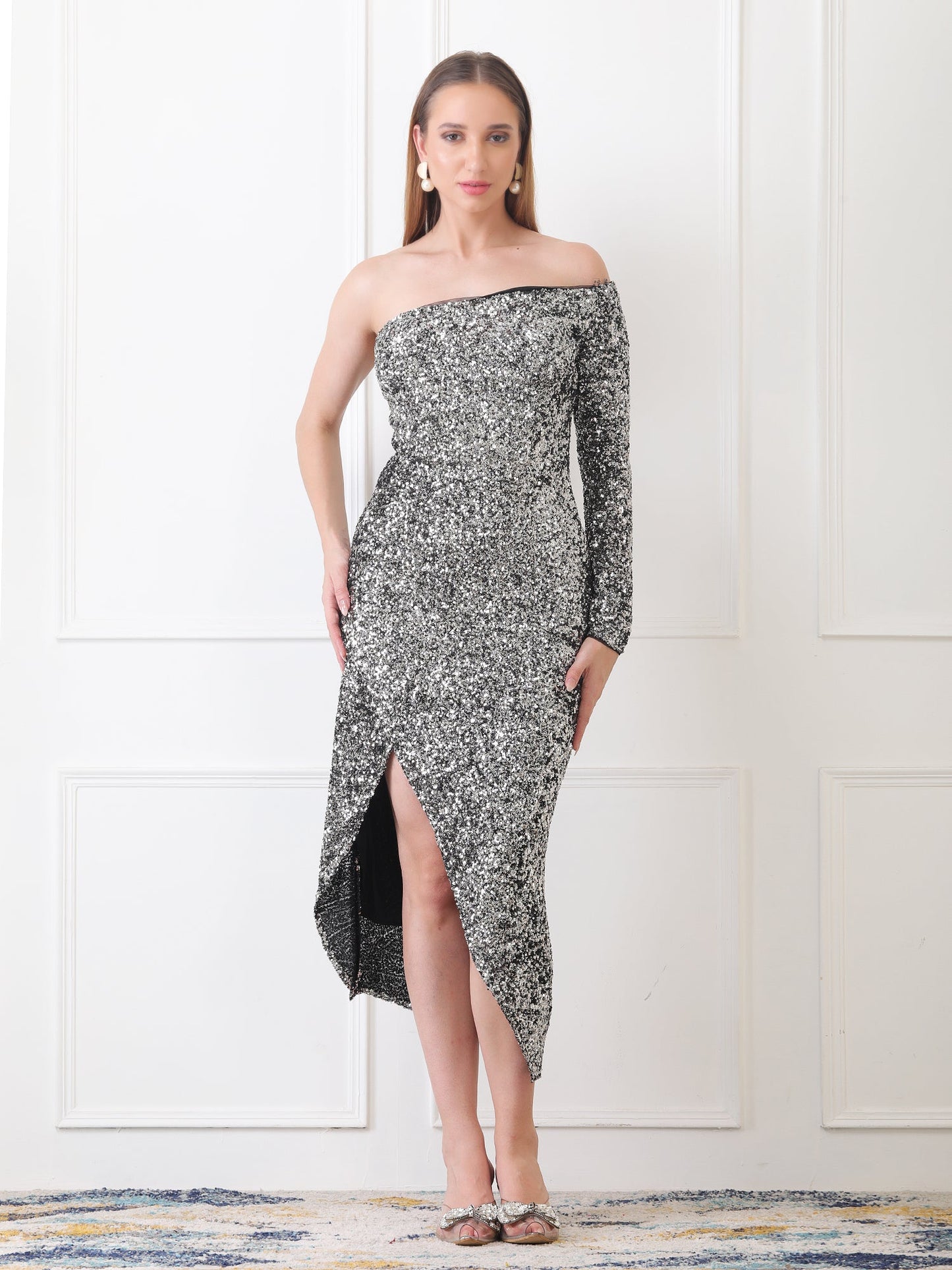 Gaiia One-Shoulder Asymmetrical Sequin Dress - Grey
