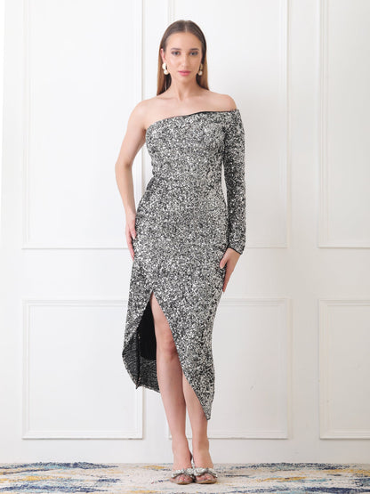 Gaiia One-Shoulder Asymmetrical Sequin Dress - Grey
