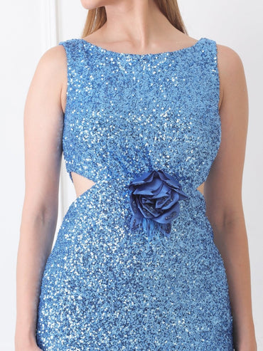 Gaiia Floral Applique Sequin Dress - Blue - GAIIA