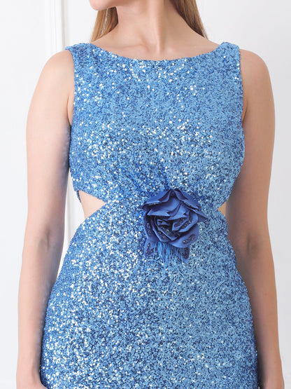 Gaiia Floral Applique Sequin Dress - Blue