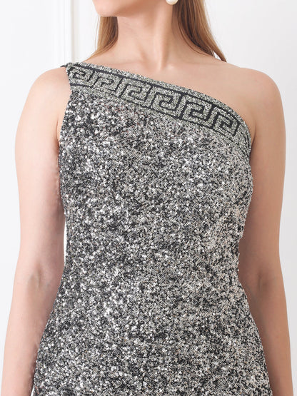 Gaiia One-Shoulder Asymmetrical Sequin Dress - Black