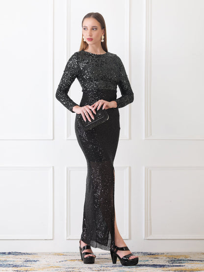 Gaiia Long-Sleeve Sequin Gown With Slit - Black