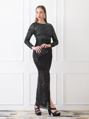 Gaiia Long-Sleeve Sequin Gown With Slit - Black