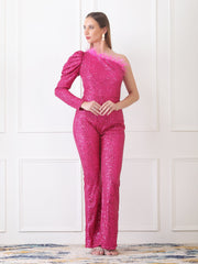Gaiia One Shoulder Sequin Jumpsuit - Pink