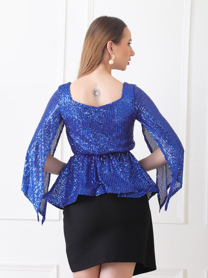 Gaiia Sequin Flare-Sleeve Top - Blue