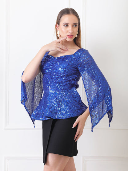 Gaiia Sequin Flare-Sleeve Top - Blue