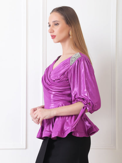 Gaiia Embellished Shoulder Metallic Wrap Top - Purple