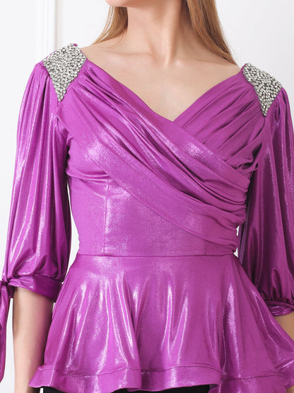 Gaiia Embellished Shoulder Metallic Wrap Top - Purple