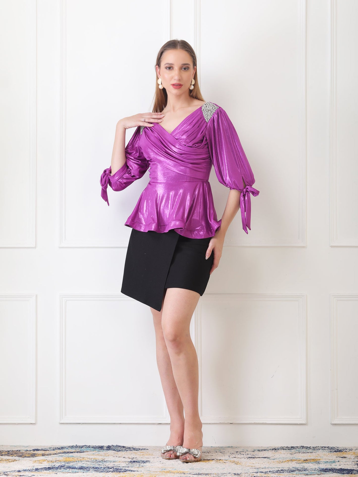 Gaiia Embellished Shoulder Metallic Wrap Top - Purple