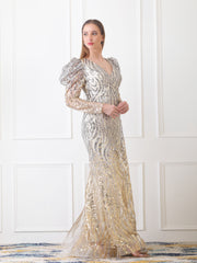 Gaiia Two-Tone Sequin Gown With Puff Sleeves - Silver