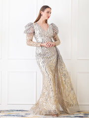 Gaiia Two-Tone Sequin Gown With Puff Sleeves - Silver