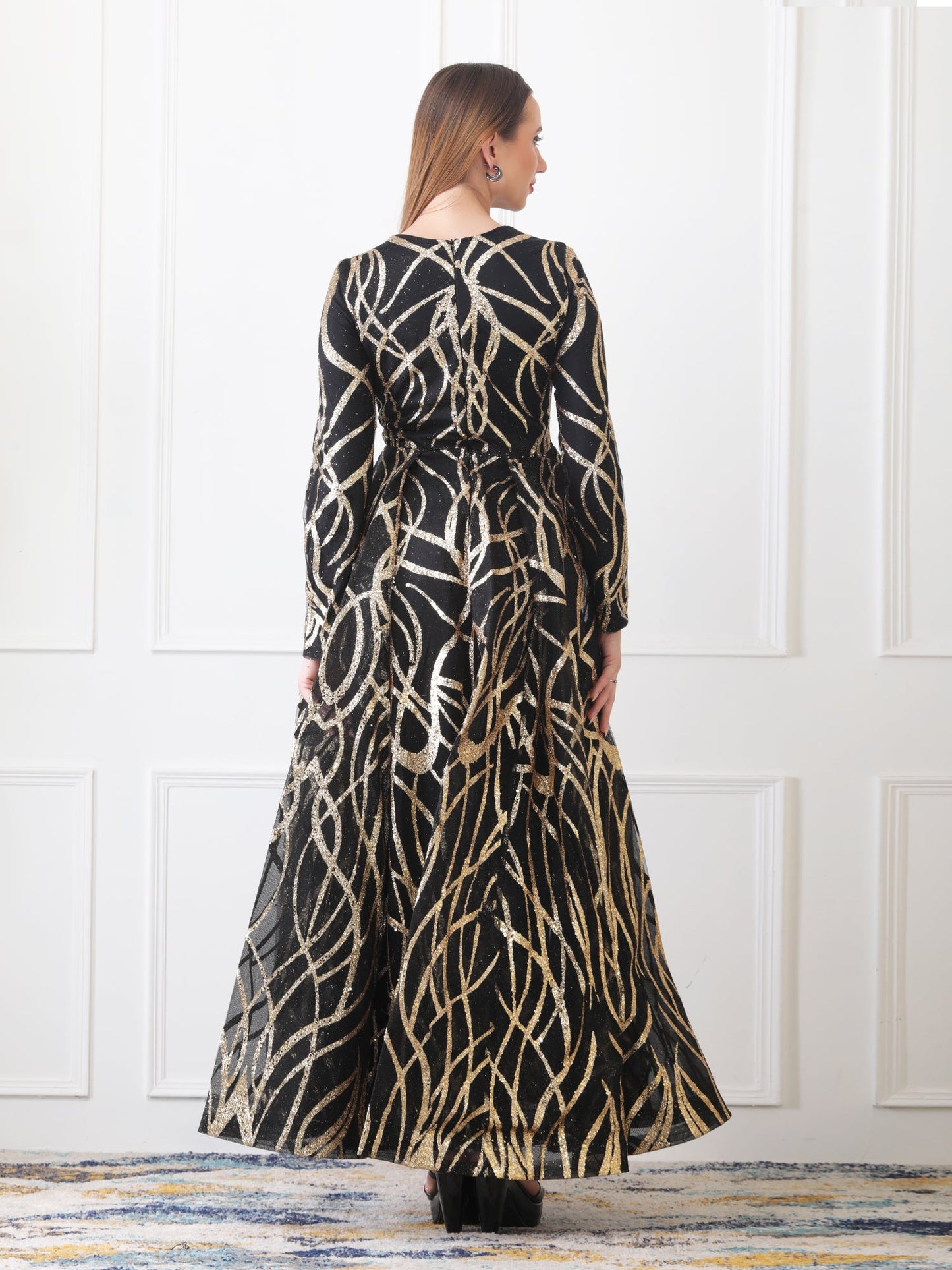 Gaiia Gilded Abstract-Pattern Gown - Black