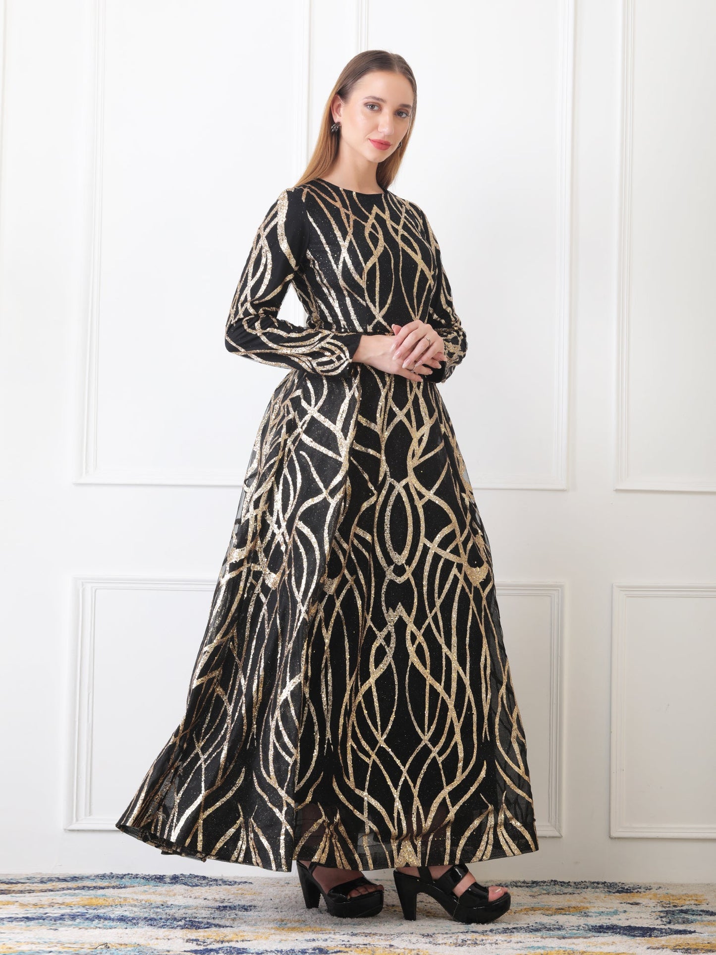 Gaiia Gilded Abstract-Pattern Gown - Black