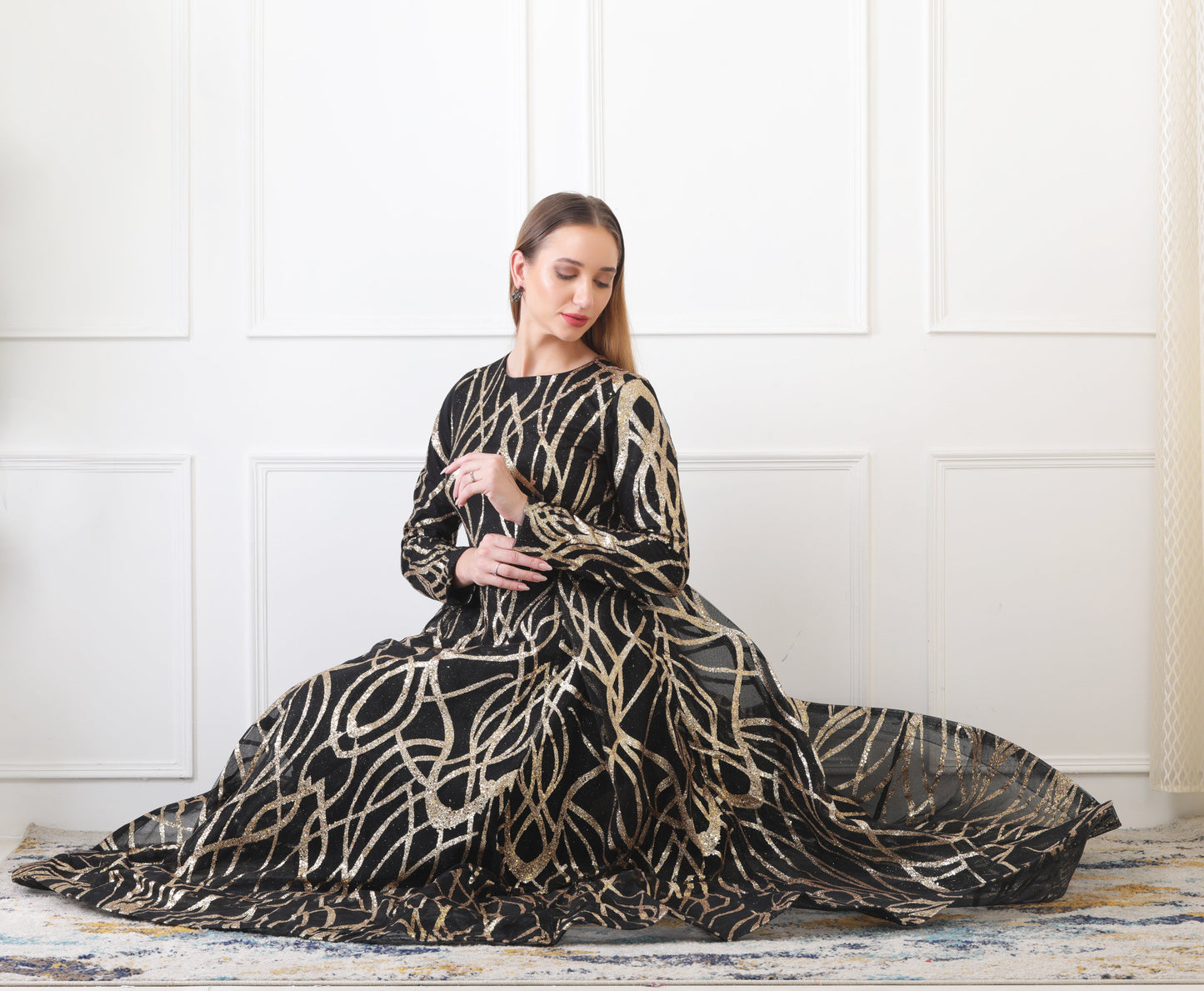 Gaiia Gilded Abstract-Pattern Gown - Black