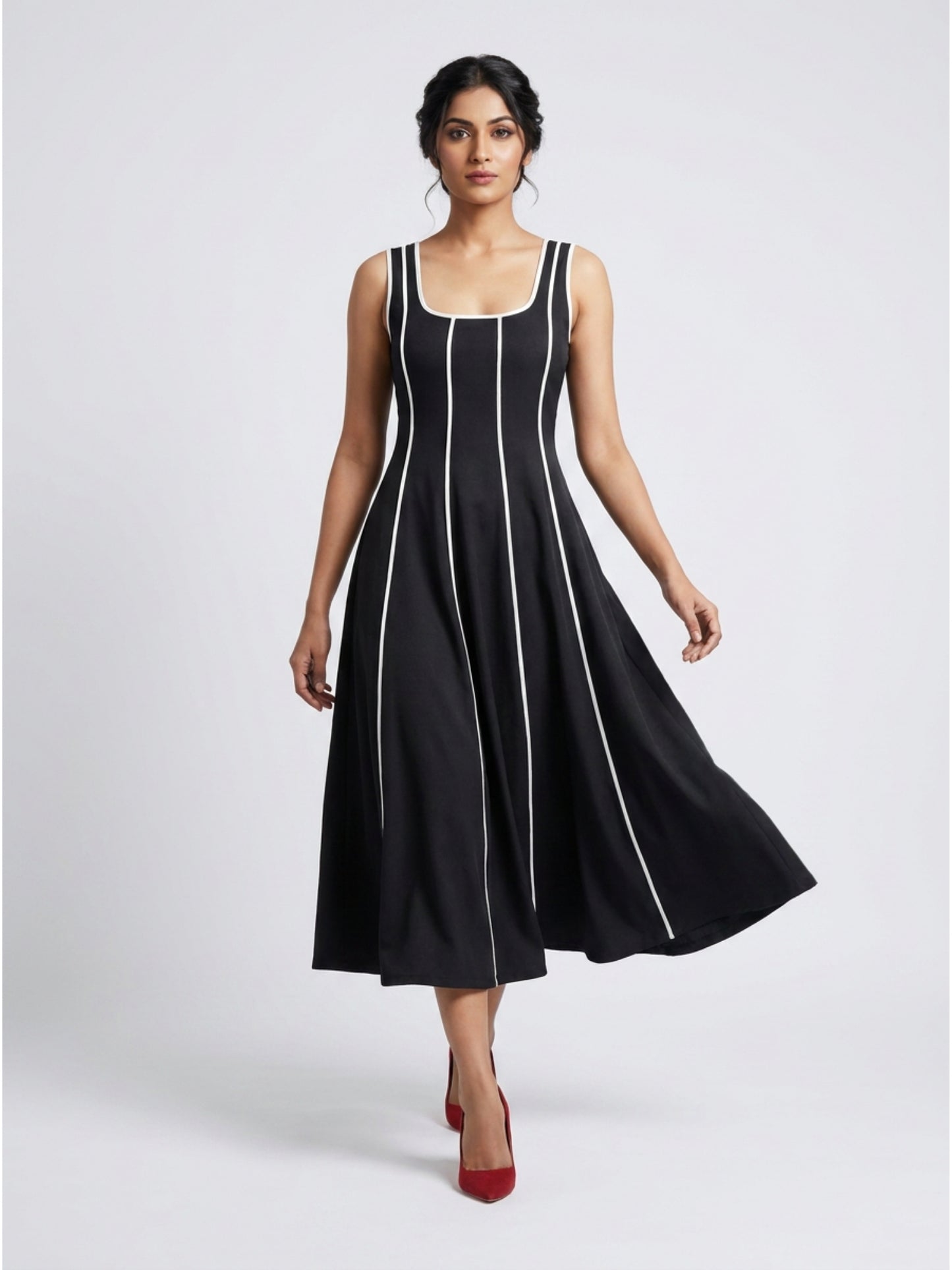 Women Black Contrast Panel Fit & Flare Midi Dress