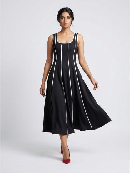 Women Black Contrast Panel Fit & Flare Midi Dress