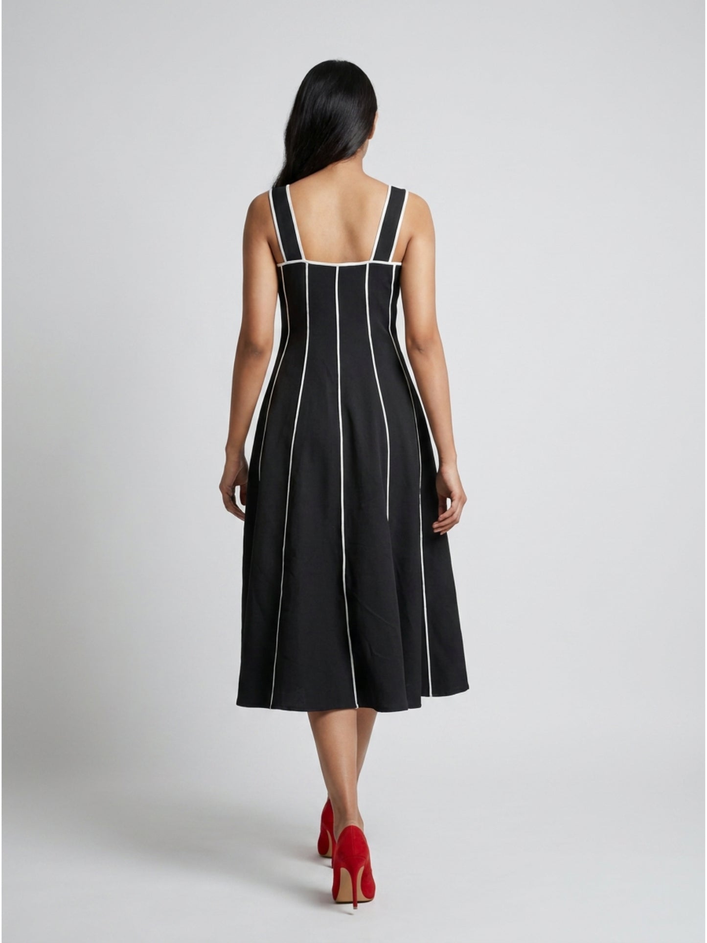 Women Black Contrast Panel Fit & Flare Midi Dress