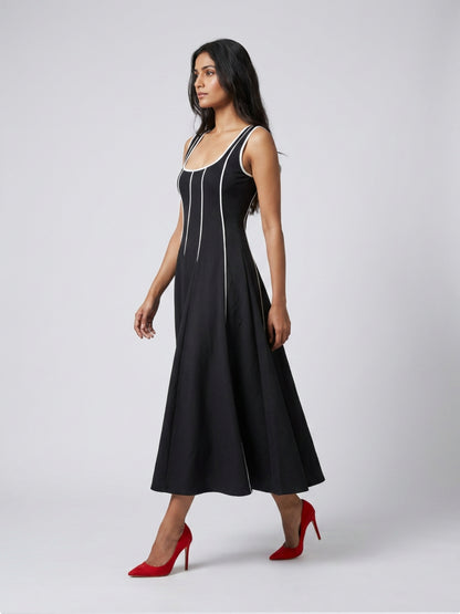 Women Black Contrast Panel Fit & Flare Midi Dress
