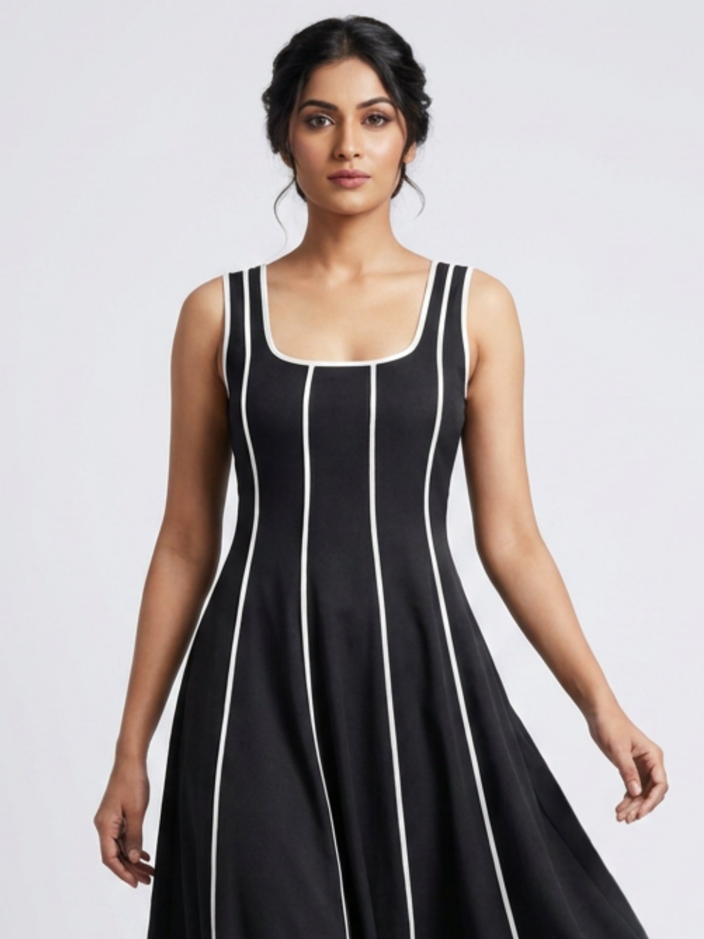 Women Black Contrast Panel Fit & Flare Midi Dress