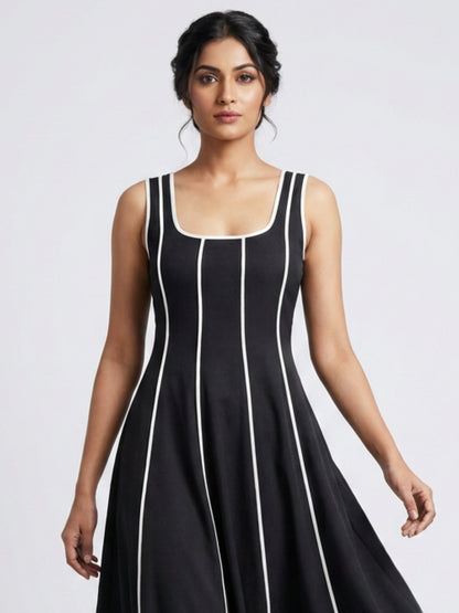 Women Black Contrast Panel Fit & Flare Midi Dress