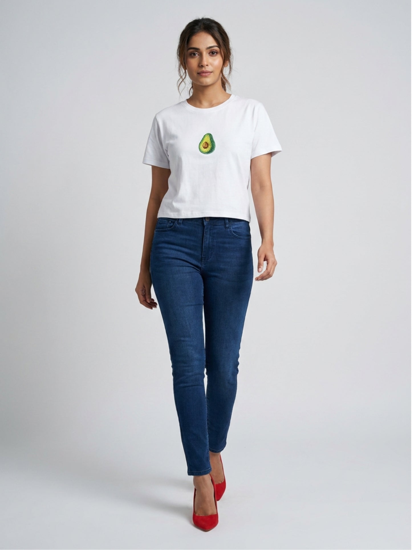 Women White With Green Avocado Motif Cotton Crop Top