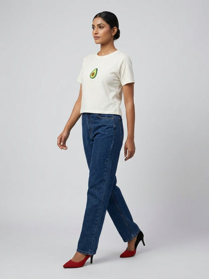 Women White With Green Avocado Motif Cotton Crop Top
